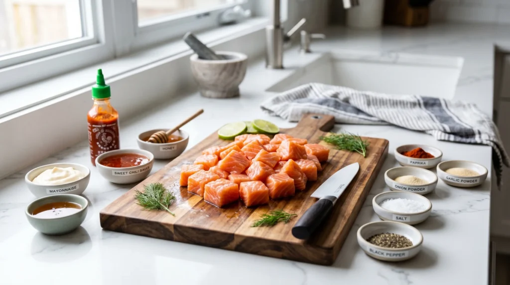Raw salmon cubes with seasonings and bang bang sauce ingredients on kitchen counter.