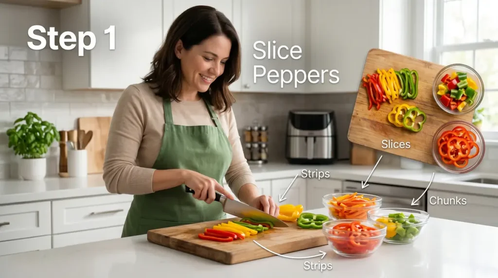 Smiling woman cutting red, yellow, and green bell peppers on a wooden board in a bright kitchen
