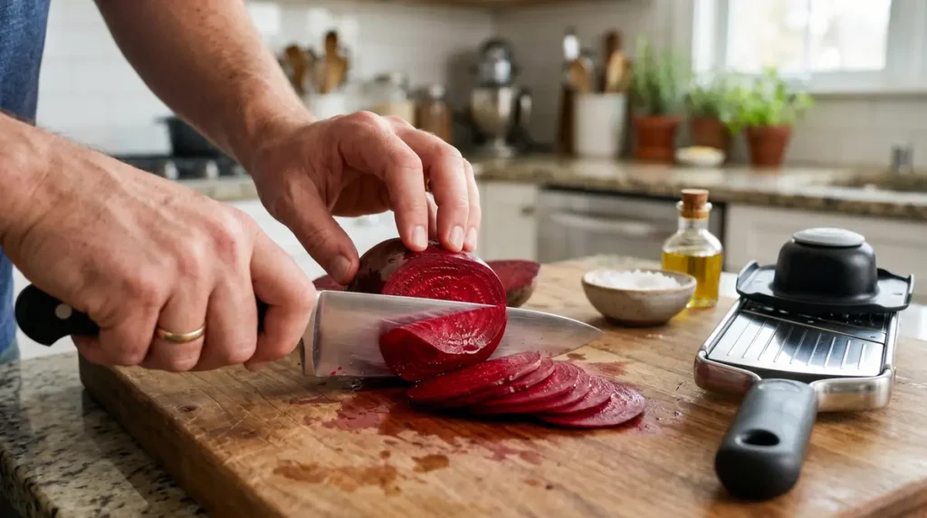 Hands slicing fresh beetroot into thin rounds on a wooden cutting board in kitchen