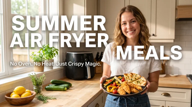Crispy air fryer summer meals served in a bright kitchen with fresh ingredients and warm sunlight, showing quick and easy summer cooking ideas.