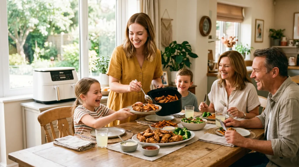 Young woman serving air fryer food to family at table in a bright summer kitchen.