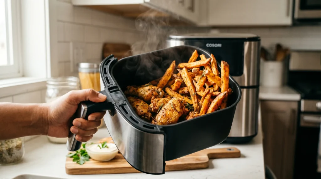 Air fryer basket with crispy food being shaken during cooking in a modern kitchen.