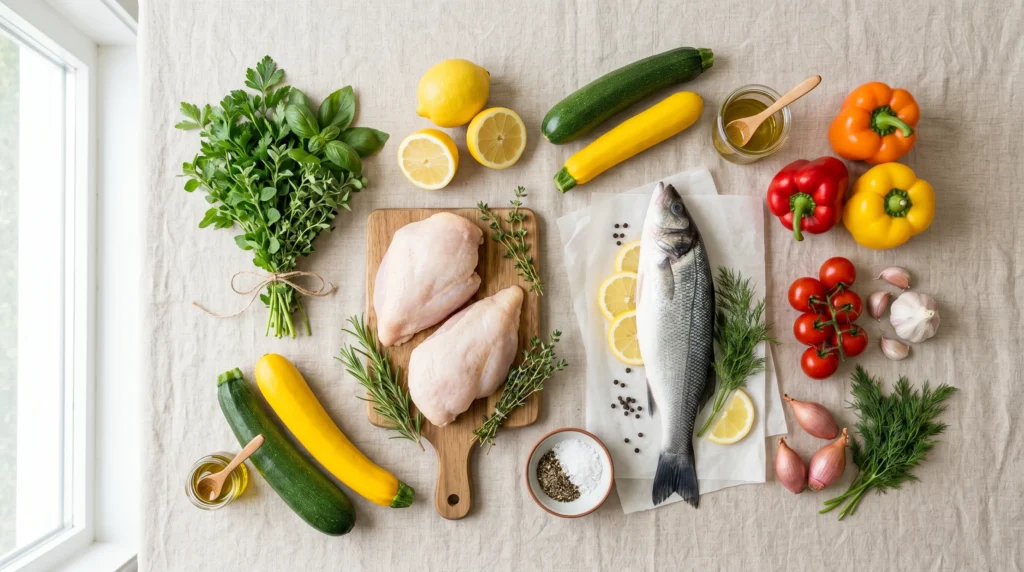 Fresh summer ingredients including zucchini, bell peppers, lemons, herbs, and chicken arranged on a table.
