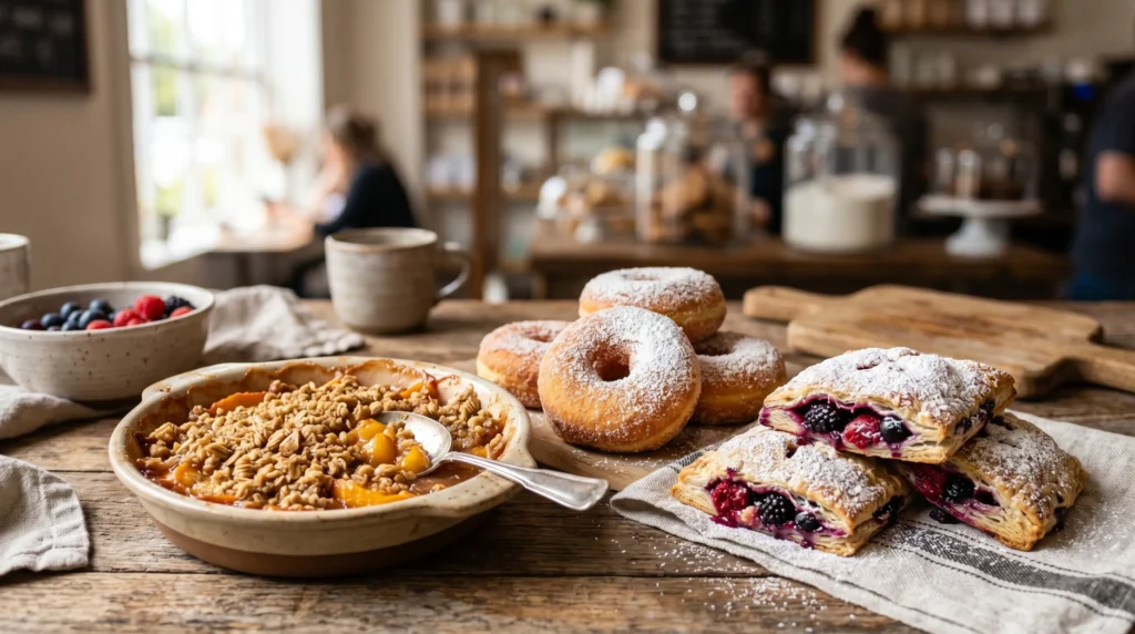 Peach crisp, air fryer donuts, and berry hand pies with powdered sugar in a summer dessert setup.