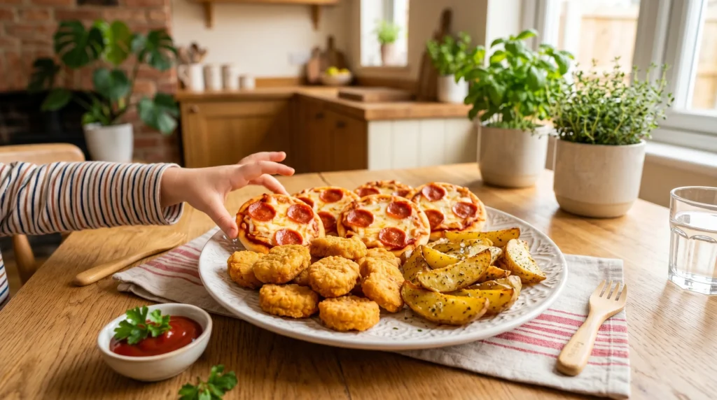 Crispy corn ribs, mozzarella sticks, and tortilla chips with dipping sauces for easy air fryer snacks.