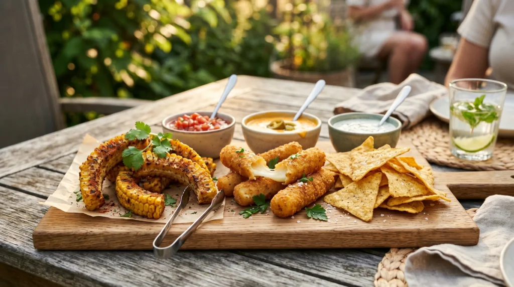 Crispy corn ribs, mozzarella sticks, and tortilla chips with dipping sauces for easy air fryer snacks.