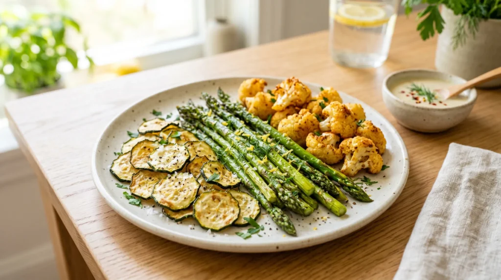 Air fryer chicken skewers, shrimp tacos, and flatbread pizza served as quick summer dinner ideas.