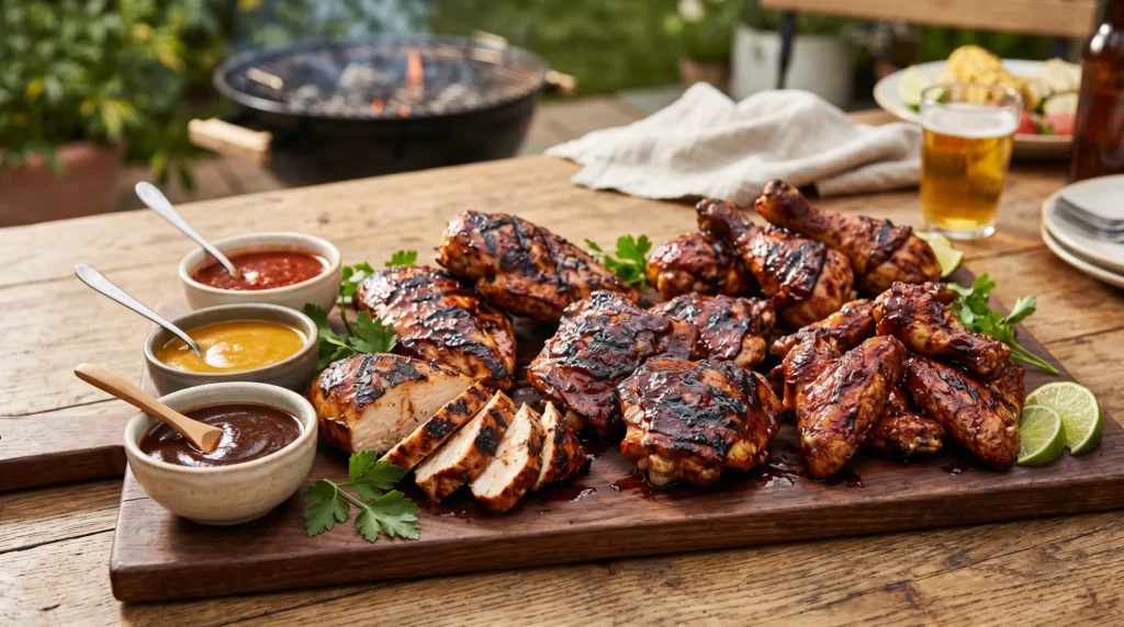 A table Serve With BBQ Chicken ready to taste. 
