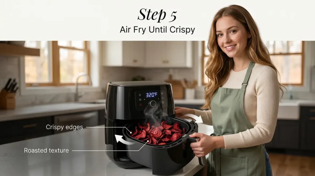 Smiling woman holding air fryer basket with crispy beetroot chips inside kitchen