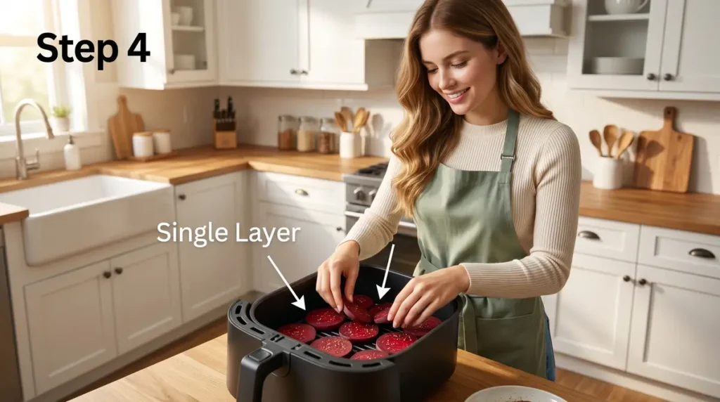 Woman arranging sliced beetroot in single layer inside air fryer basket in modern kitchen