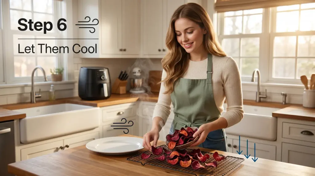 A woman in green apron placing beetroot and carrot chips on a cooling rack in a kitchen