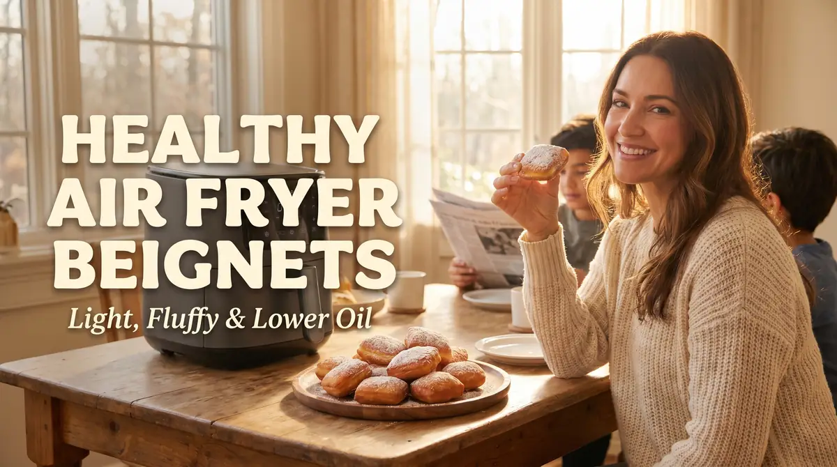 Smiling woman holding a powdered beignet with a plate of beignets and an air fryer on the table