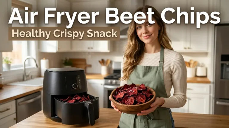 Woman in apron holding wooden bowl full of beet chips next to air fryer on kitchen counter