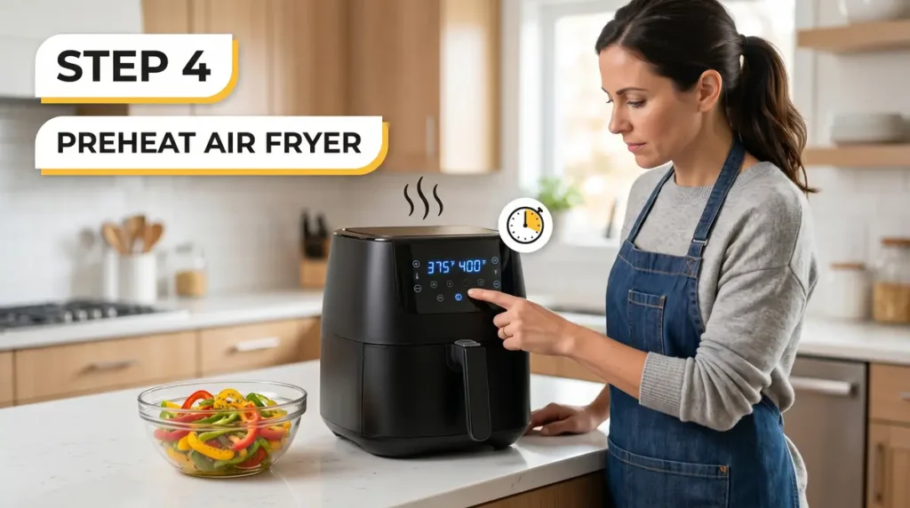 Woman setting temperature on black air fryer on kitchen counter with bowl of vegetables nearby