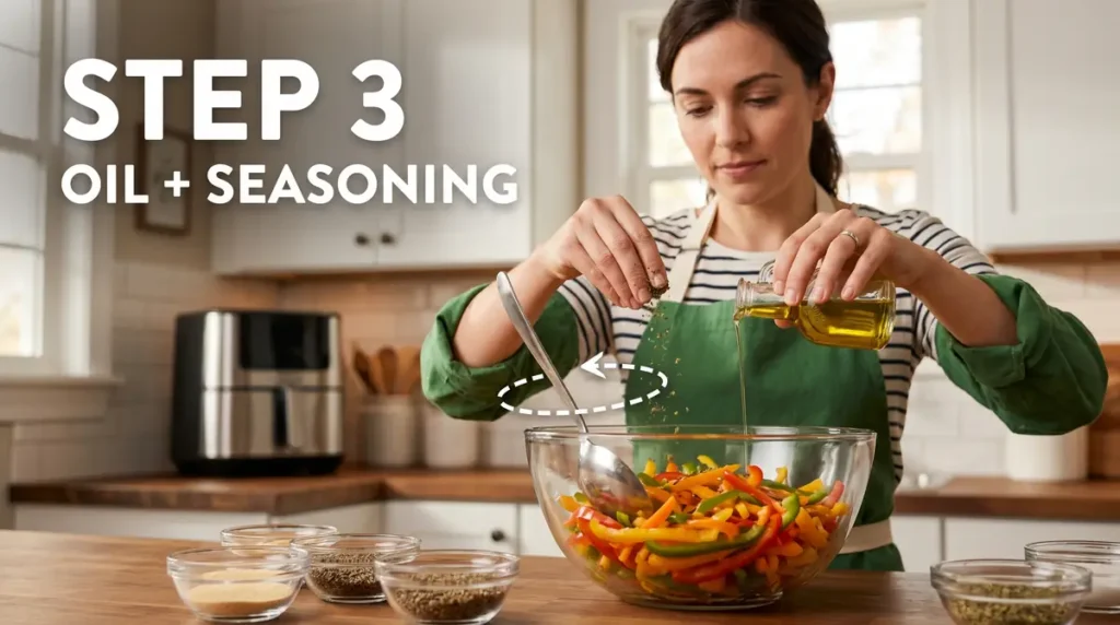 Woman pouring oil and seasoning into a glass bowl with sliced bell peppers in a kitchen
