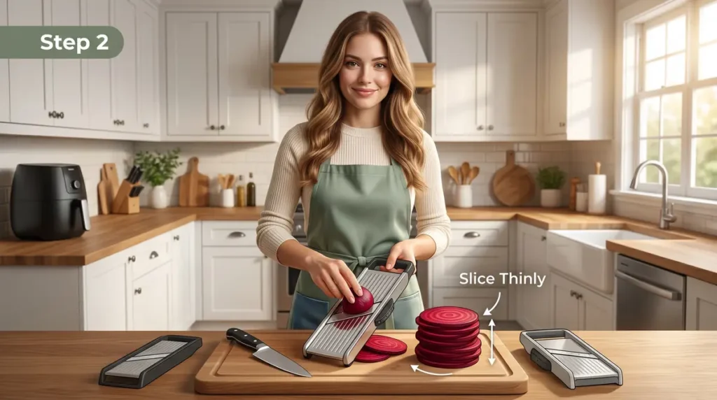 Woman using a slicer to cut beetroot into thin slices on a wooden board