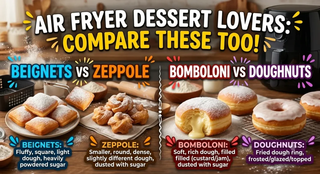 Air Fryer Dessert Comparison: Beignets vs. Zeppole, Bomboloni vs. Doughnuts.