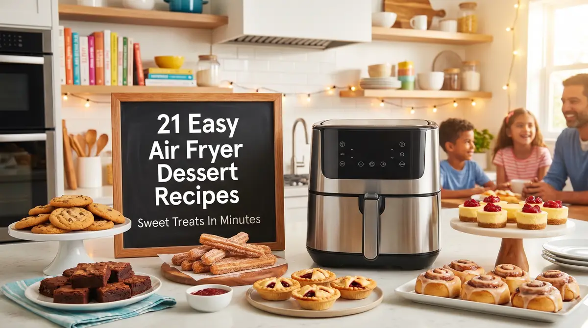 Air fryer with various desserts like cookies, brownies, churros, tarts, and cinnamon rolls on kitchen counter