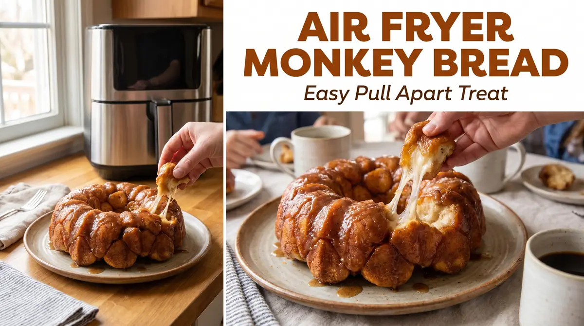 Hand pulling apart a piece of caramel-coated monkey bread with melted cheese