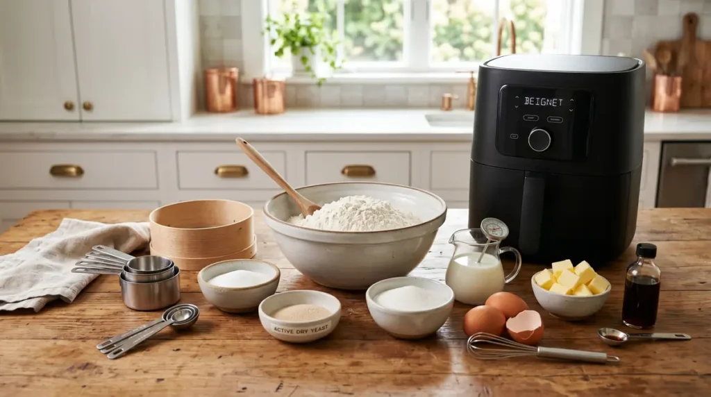 Various ingredients and kitchen tools for beignet dough on wooden table with black air fryer