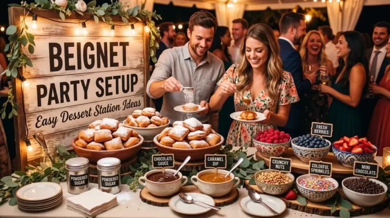 Couple serving beignets with various toppings at a dessert party station