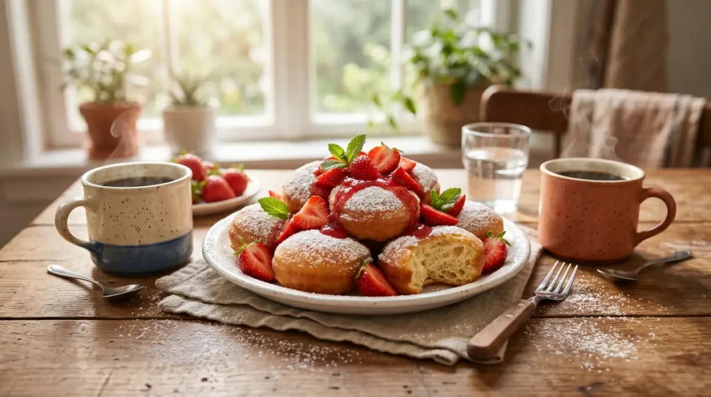 Fresh beignets dusted with powdered sugar topped with sliced strawberries and served with steaming coffee mugs