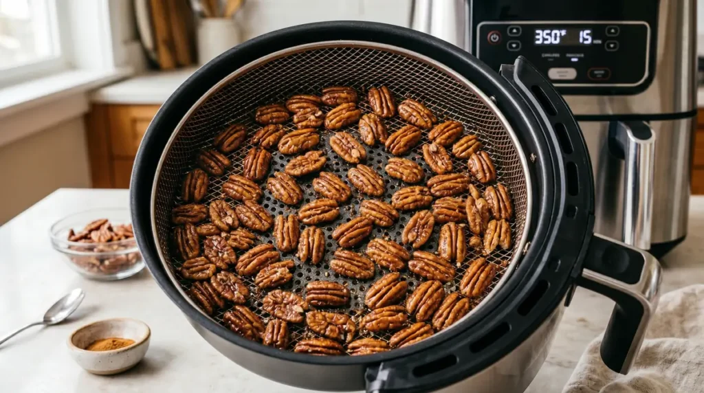 Candied pecans arranged evenly in an air fryer basket with digital controls in background