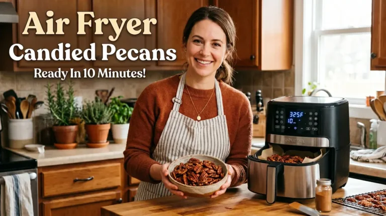 Woman smiling and holding a bowl of candied pecans next to an air fryer on a kitchen counter