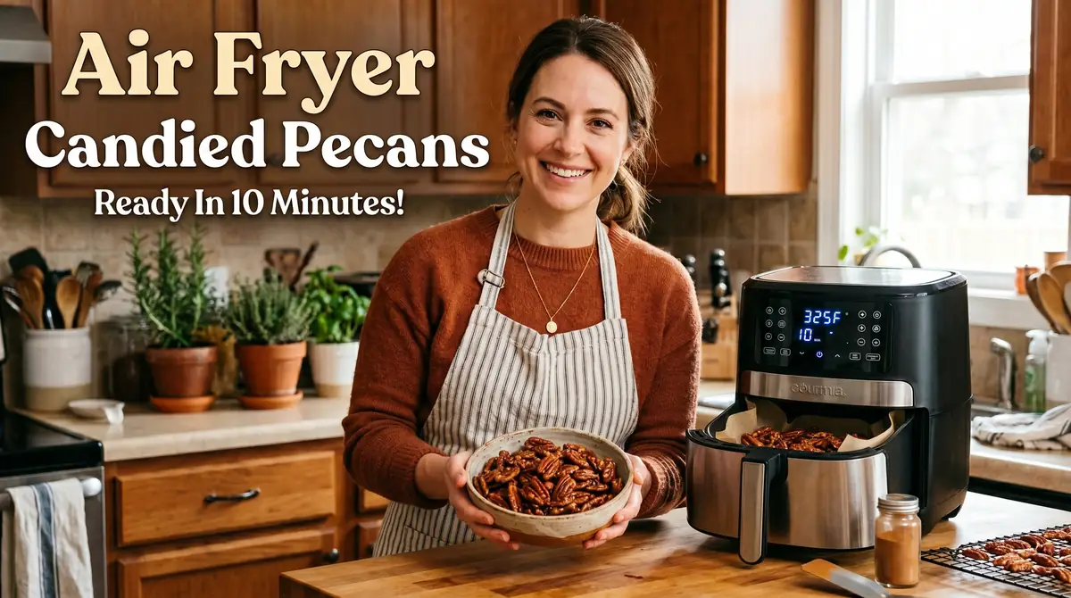 Woman smiling and holding a bowl of candied pecans next to an air fryer on a kitchen counter