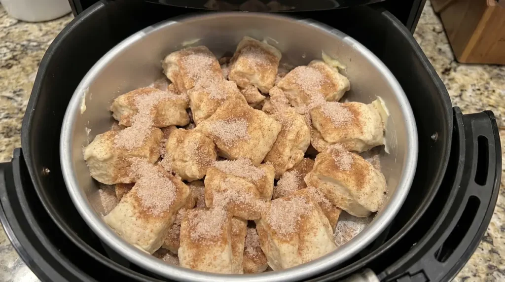 Pieces of biscuit dough sprinkled with cinnamon sugar in a round pan inside an air fryer