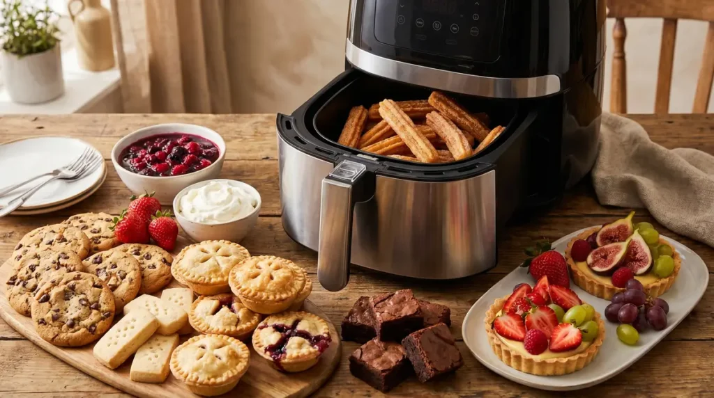 Air fryer with churros and a wooden board with assorted cookies, mini pies, brownies, and fruit tarts on a wooden table