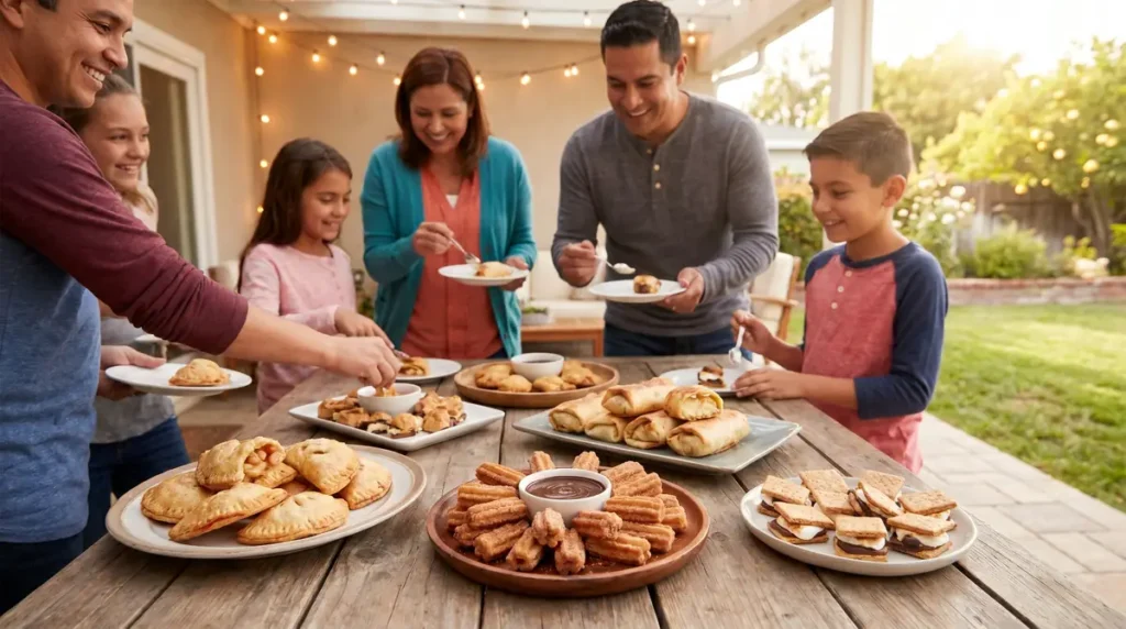 Family gathered around table with assorted desserts in backyard