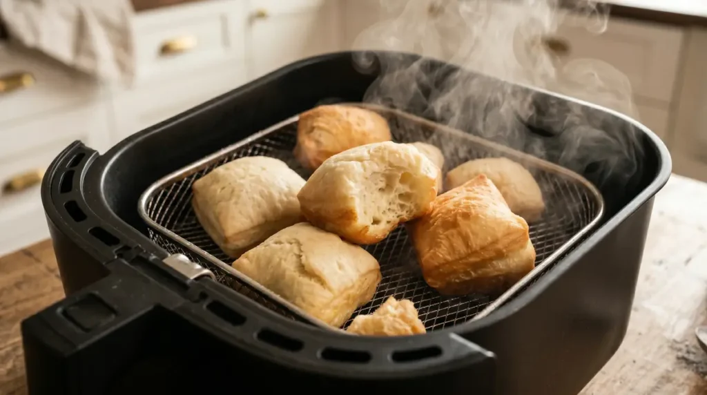 Golden brown beignets cooking inside a black air fryer with steam rising
