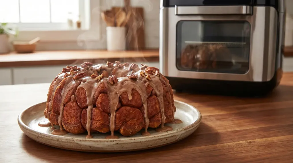 Monkey bread ring with brown glaze and pecan nuts on a ceramic plate