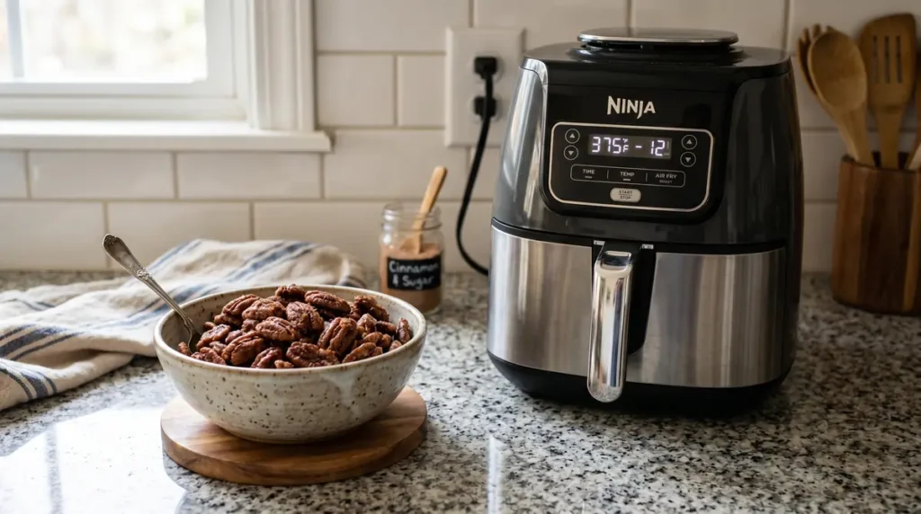 Ninja air fryer next to bowl of candied pecans on kitchen countertop