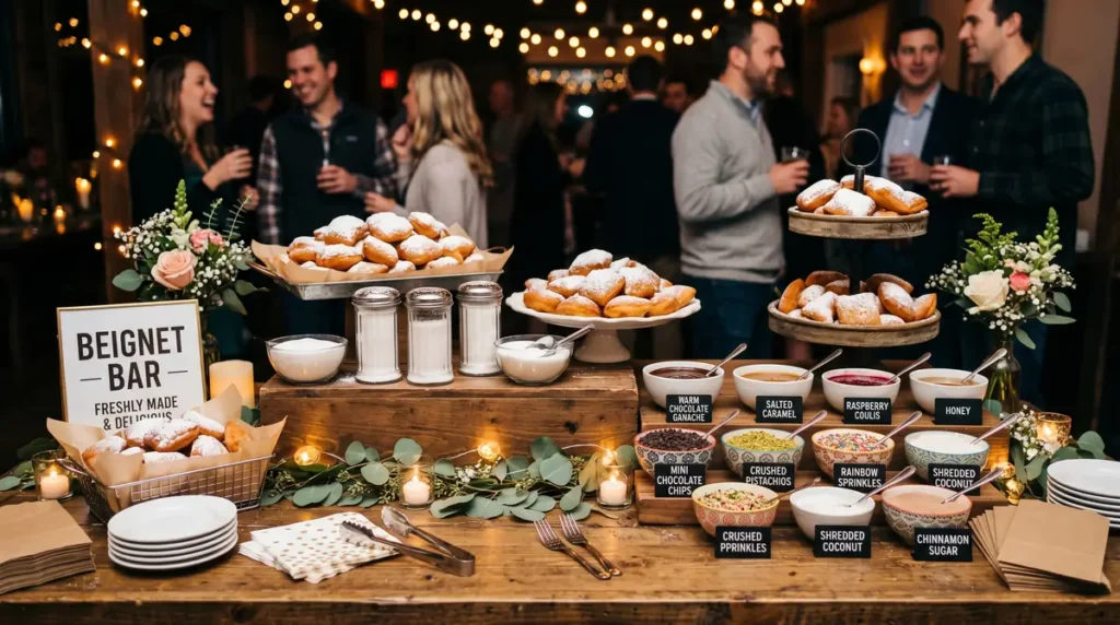 A wooden table with powdered beignets and various toppings and sauces for a party