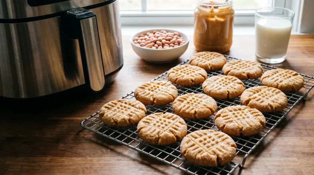 Peanut butter cookies arranged on a wire cooling rack with a jar of peanut butter, bowl of peanuts, air fryer, and glass of milk