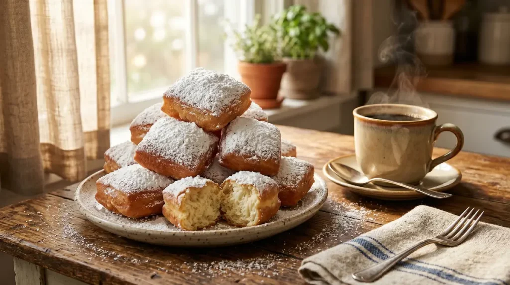 Stack of powdered sugar covered square beignets on a plate next to a steaming cup of coffee on a wooden table