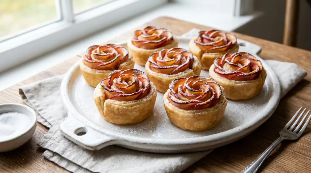 Seven rose-shaped apple pastries dusted with powdered sugar on a white plate