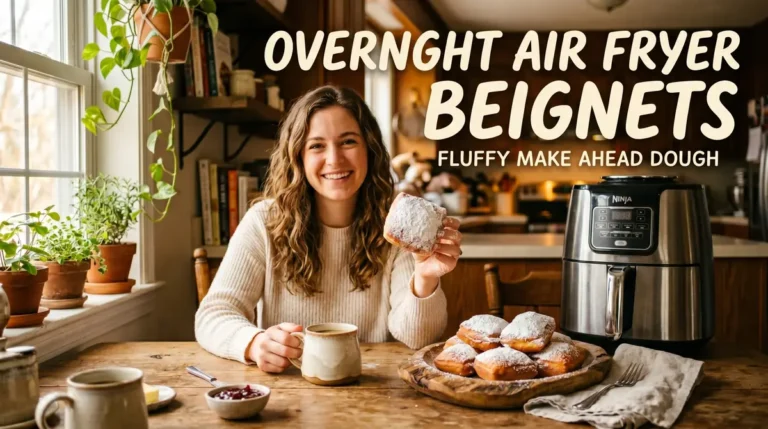 Smiling woman holding a powdered beignet with coffee and an air fryer on kitchen table