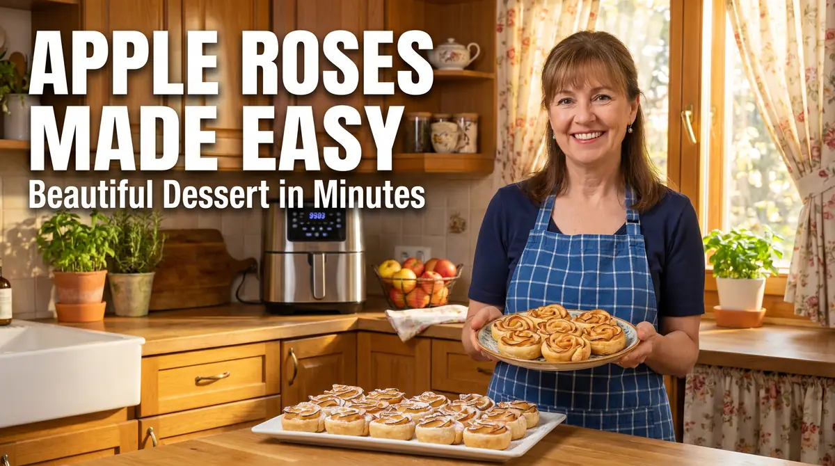 Smiling woman in apron holding plate with apple rose pastries in sunlit kitchen