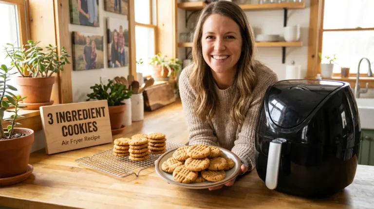 Smiling woman holding a plate of freshly baked cookies beside a black air fryer on a kitchen counter