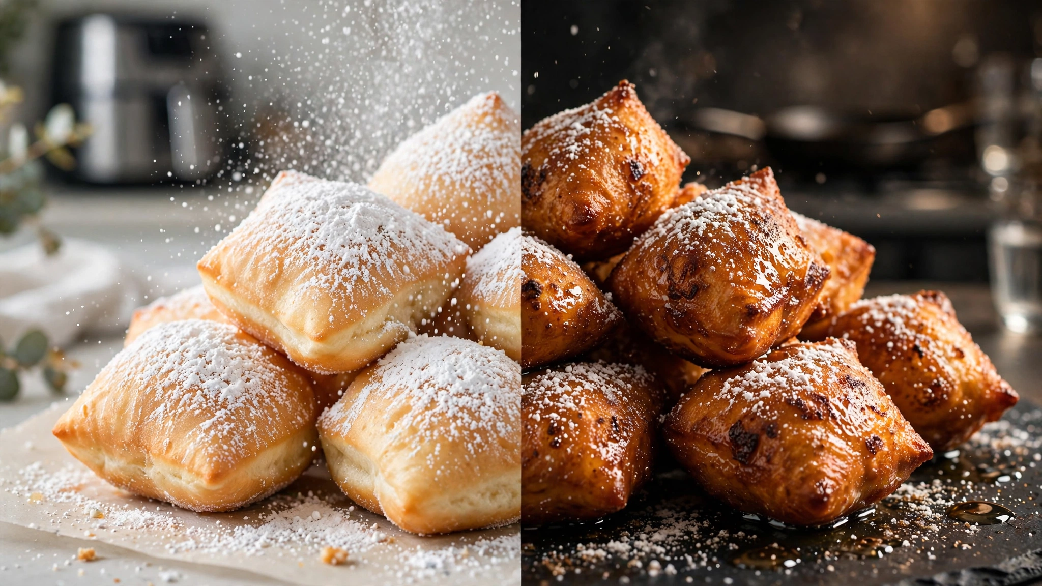 A side-by-side comparison of golden air fryer beignets and deep-fried beignets on separate plates, highlighting differences in color, texture, and oiliness. The air fryer version appears lighter while the deep-fried version looks darker and richer.