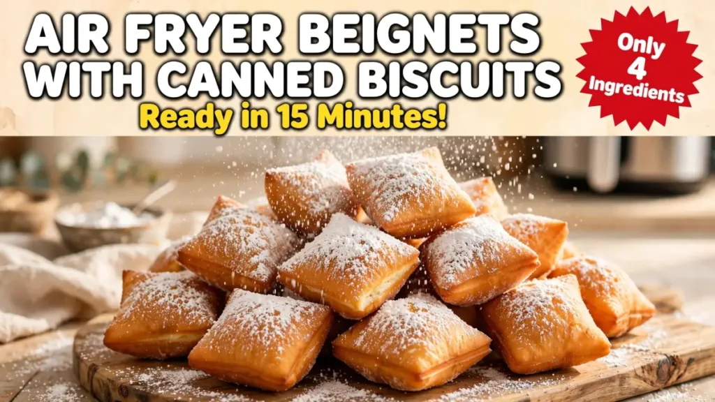 Golden air fryer beignets dusted with powdered sugar
