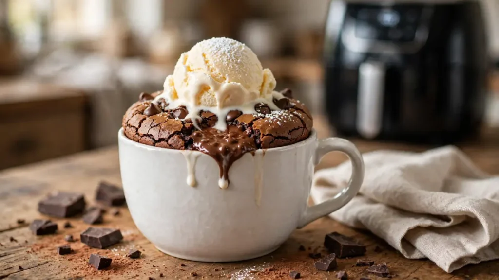 Chocolate brownie mug cake topped with melting vanilla ice cream in a white mug