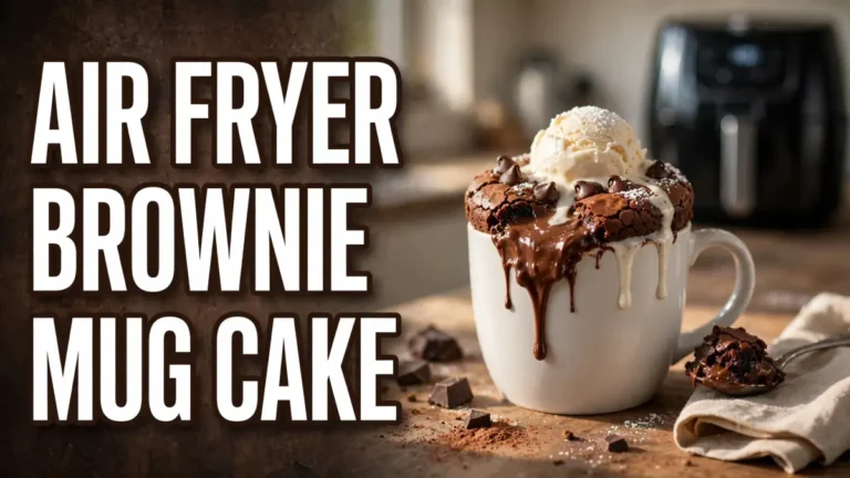 Chocolate brownie mug cake topped with vanilla ice cream and melting chocolate syrup