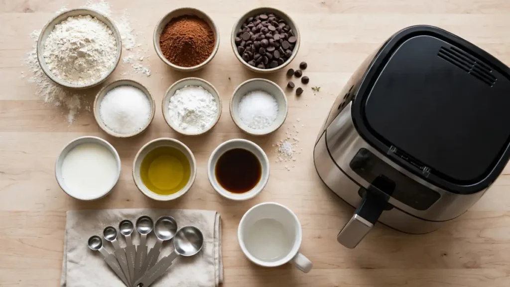 Bowls of flour, cocoa powder, chocolate chips, sugar, baking powder, salt, milk, oil, vanilla, measuring spoons, mug, and air fryer