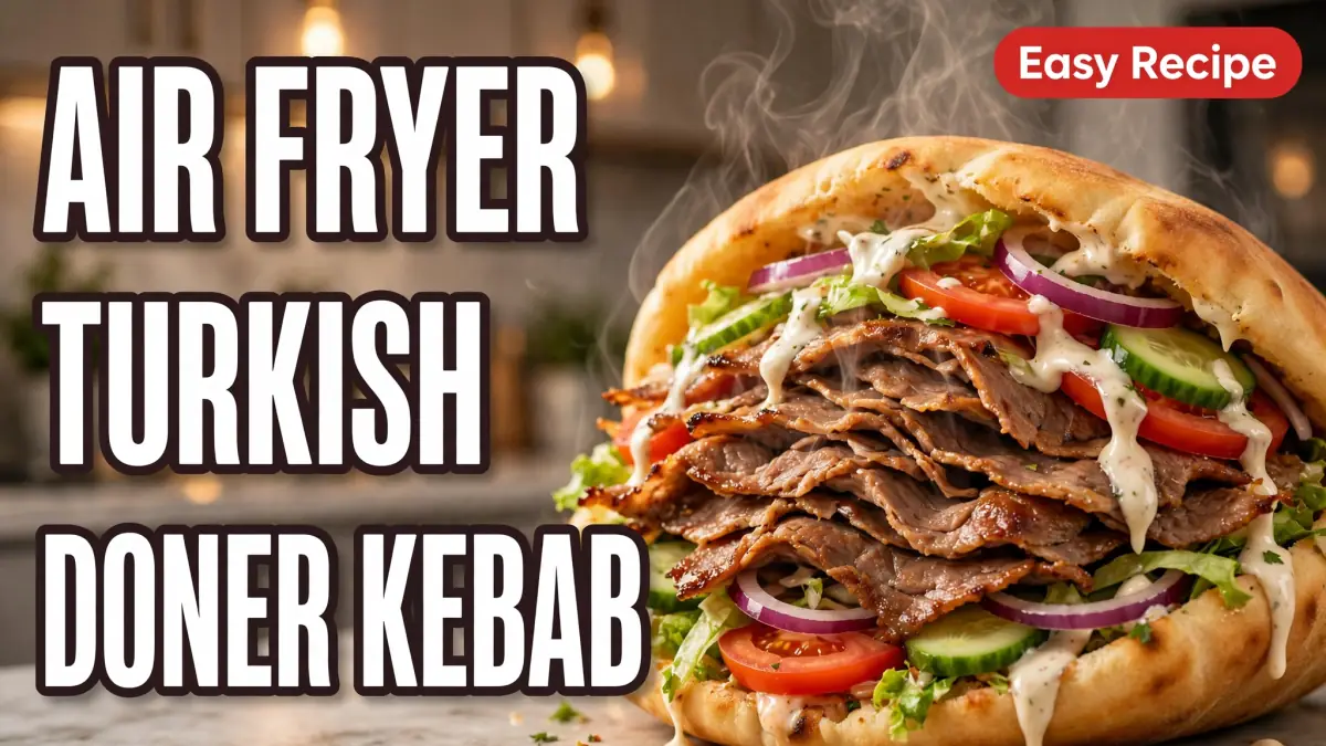 Steaming doner kebab sandwich with sliced meat, lettuce, tomatoes, cucumbers, and sauce in flatbread