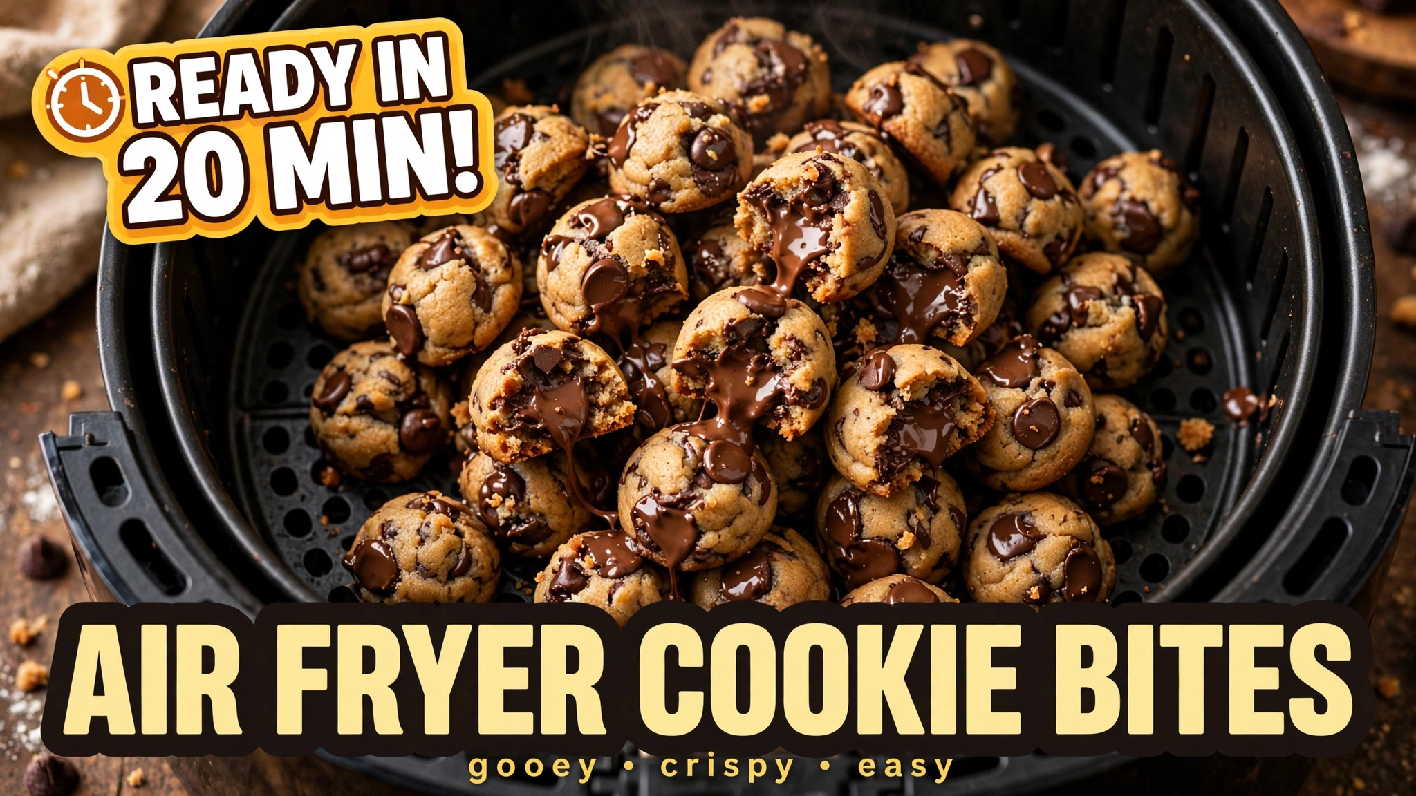 A stack of golden-brown air fryer chocolate chip cookie bites with melted chocolate chips spilling out onto a cooling rack. Warm cookies are arranged in the foreground with a blurred modern kitchen in the background and open space on the left for thumbnail text.