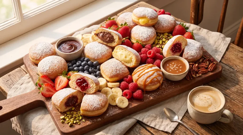 Wooden board with powdered sugar beignets filled with chocolate, cream, and jam, fresh berries, banana slices, nuts, sauces, and a cup of coffee